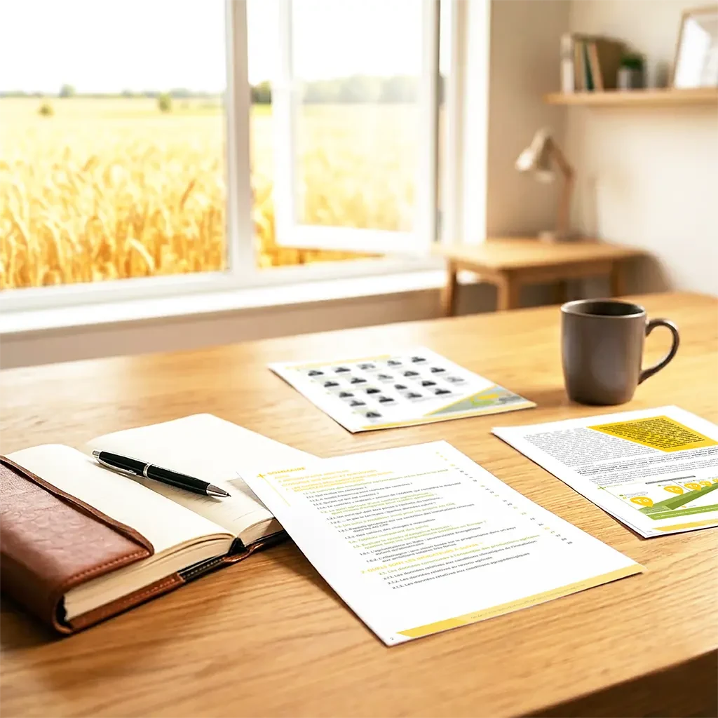 Pages intérieures du PDF interactif Acte Agri Plus posées sur un bureau, avec sommaire et infographies