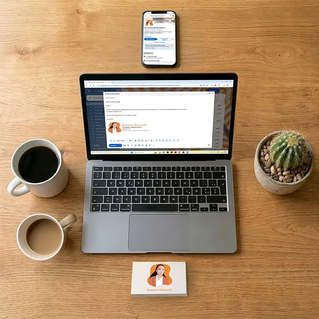 Espace de travail d'Amandine Darlavoix : ordinateur, smartphone et carte de visite illustrant la signature visuelle déclinée