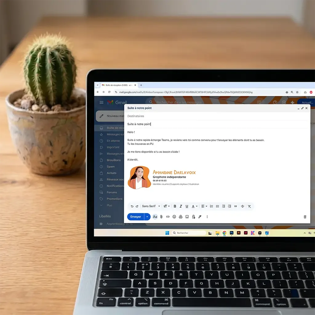 Signature email d'Amandine Darlavoix avec avatar illustré, affichée dans Gmail