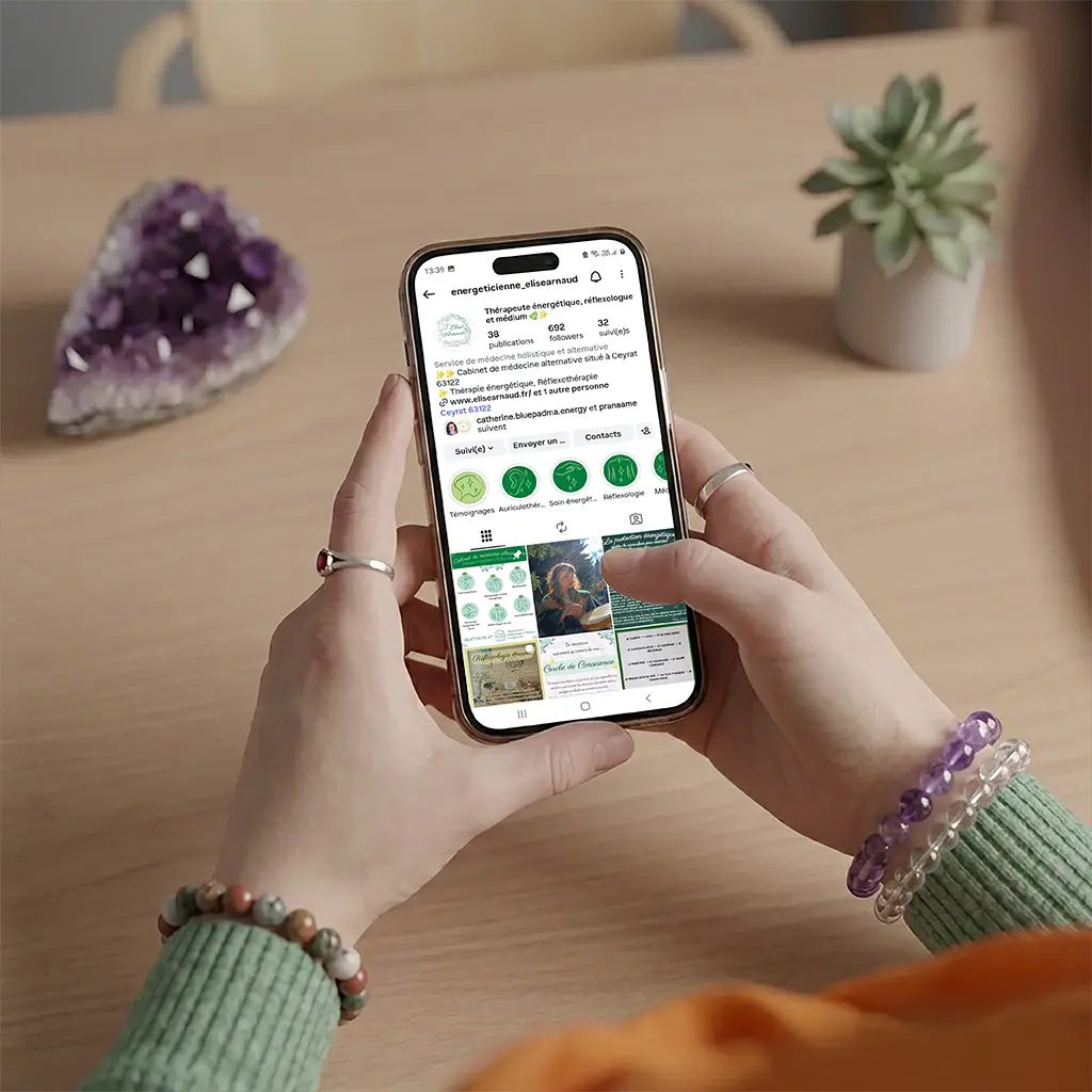 Profil Instagram d'Elise Arnaud consulté sur un smartphone, avec améthyste et succulente en arrière-plan