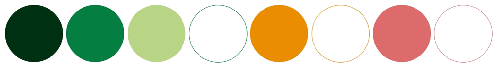 Palette de couleurs : verts foncés, vert clair, orange et rose tendre