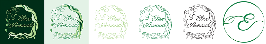 Déclinaisons du logo Elise Arnaud : versions couleur, monochrome, dark mode et favicon