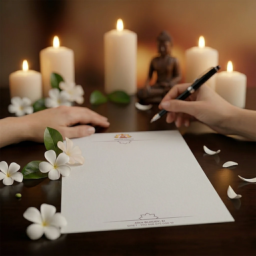 Papier à en-tête Serenya Essentia signé à la main, entouré de bougies, d'un Bouddha et de fleurs de frangipanier