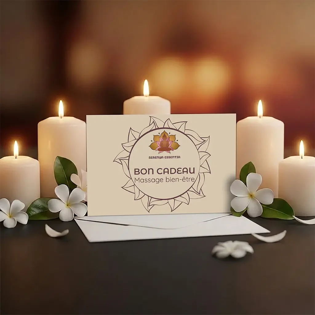 Bon cadeau massage bien-être Serenya Essentia avec son enveloppe, posé entre des bougies et des fleurs de frangipanier