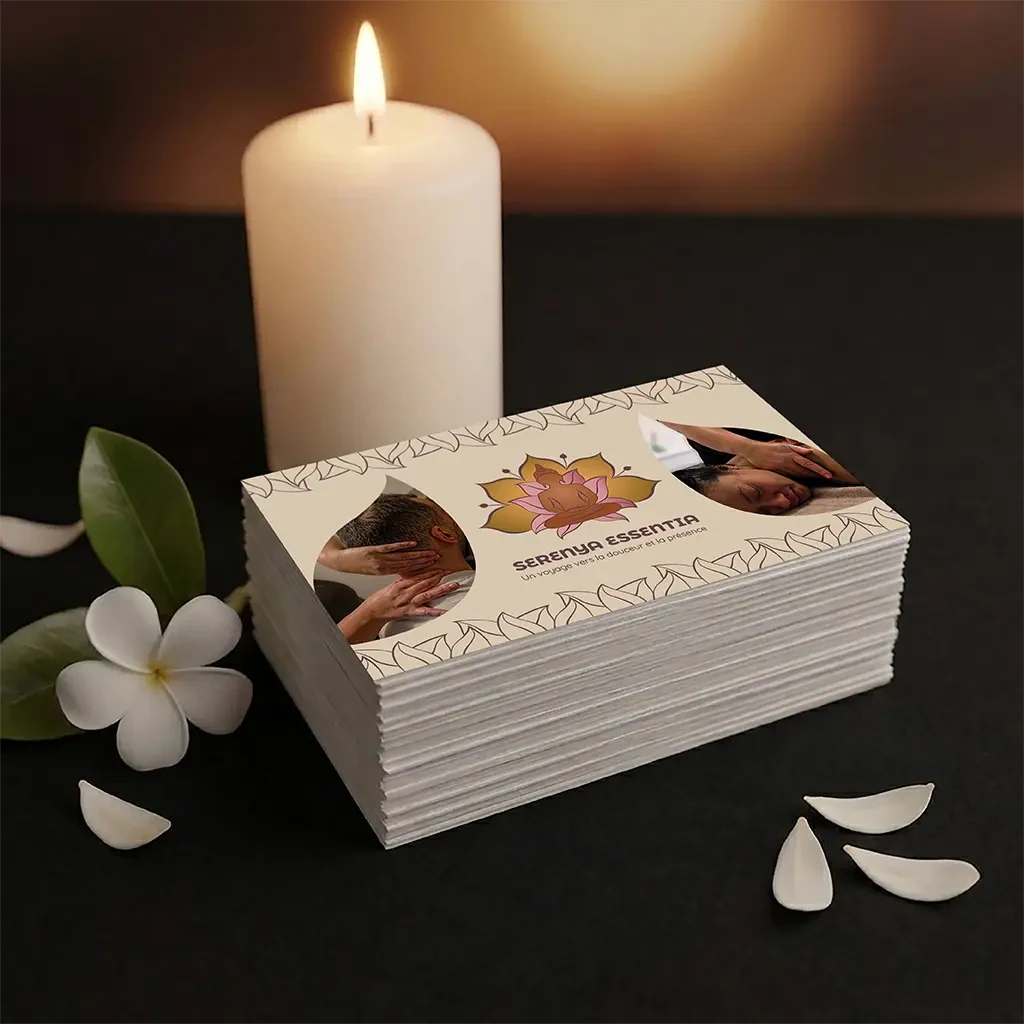 Pile de cartes de visite Serenya Essentia avec logo, photos et slogan, posée près d'une bougie