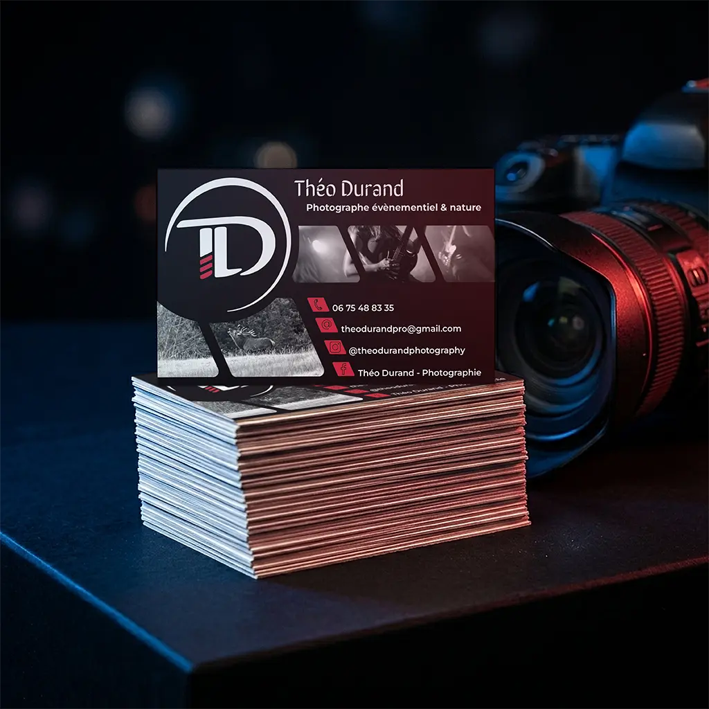 Pile de cartes de visite Théo Durand avec logo, contacts et photos en miniature