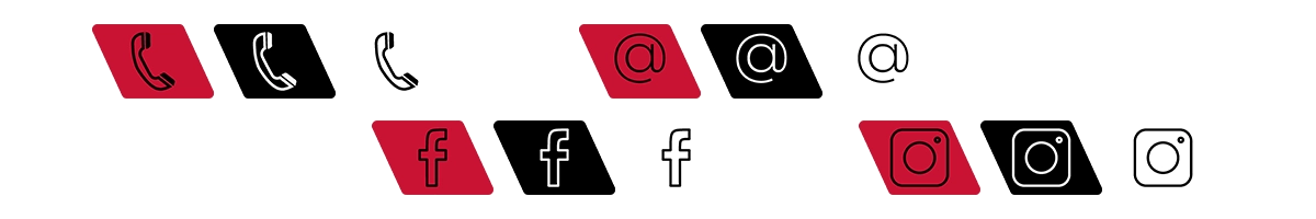 Pictogrammes Théo Durand : téléphone, email, Facebook, Instagram en versions rouge, noir et outline