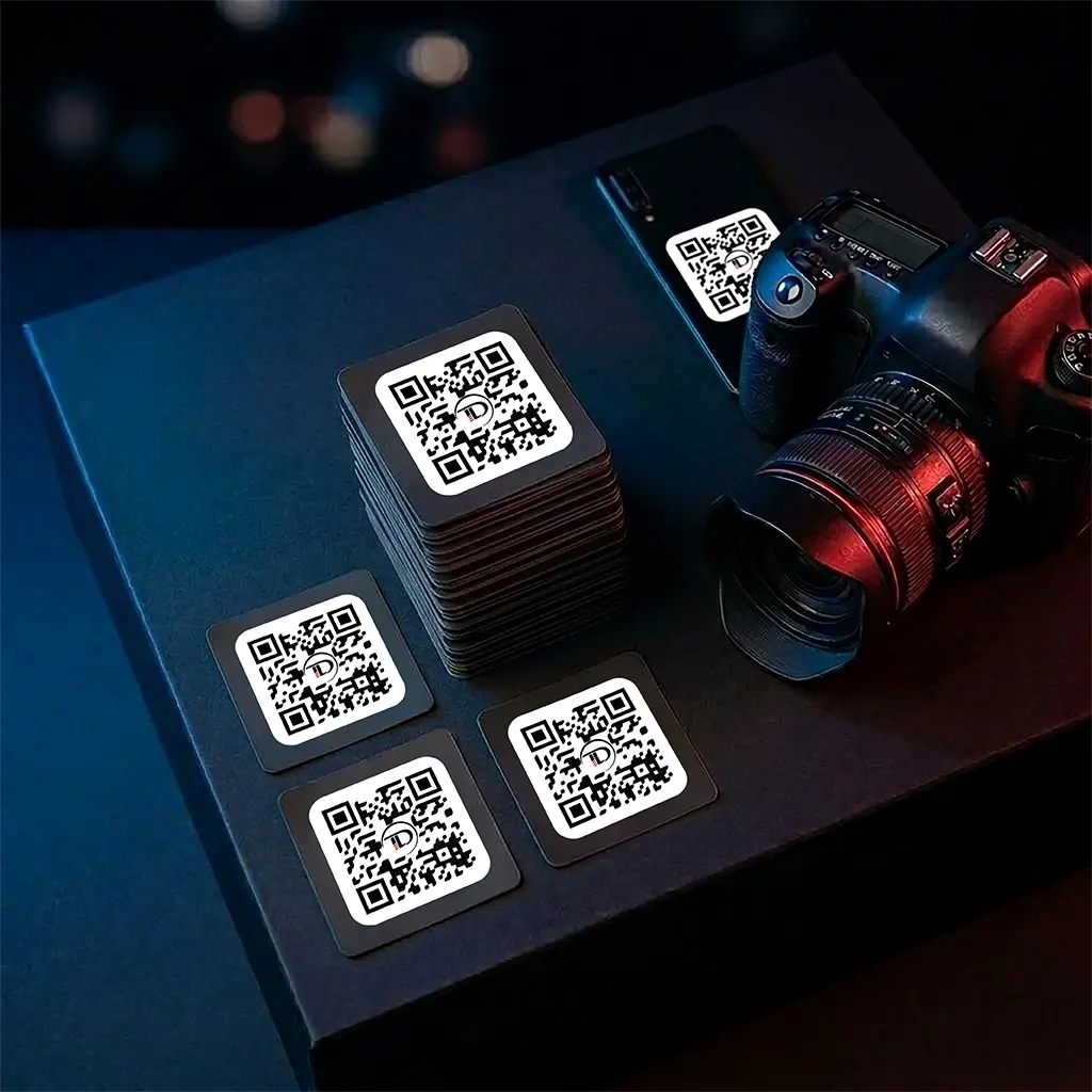 Stickers QR code aux couleurs du logo Théo Durand, posés à côté d'un appareil photo